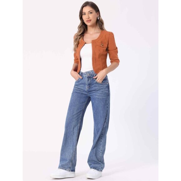 Women's Jean Jacket Slim Fit Casual Denim Jacket 3/4 Sleeves Outwear Orange - Picture 3 of 5